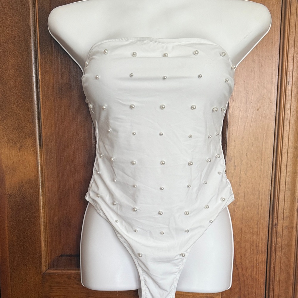 Amazon White Strapless One Piece with Pearl Details